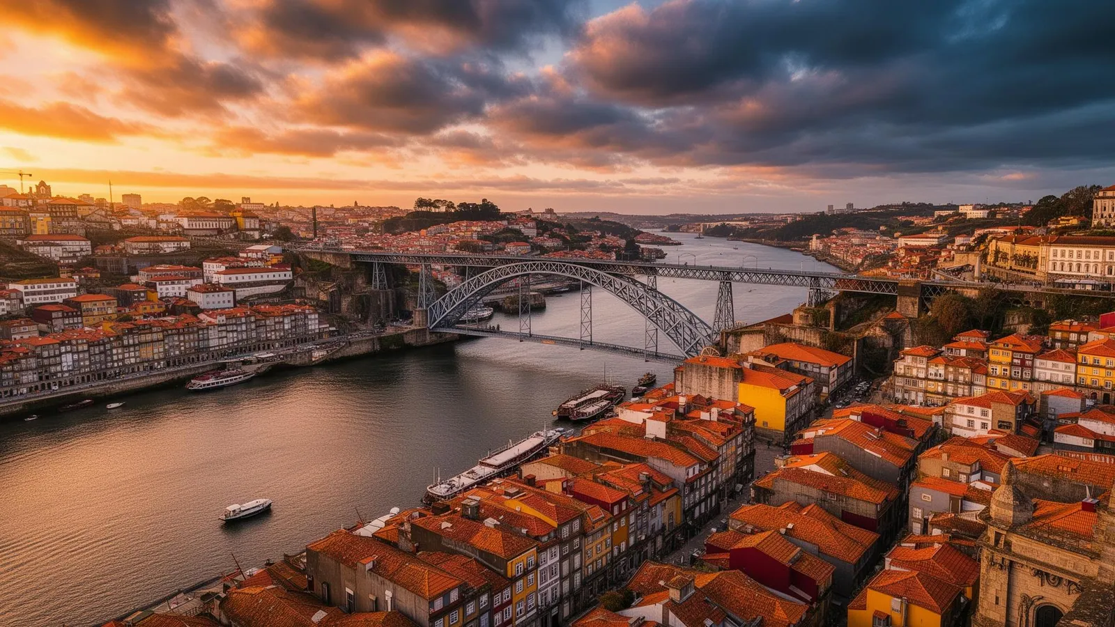 Porto, Portugal at sunset with the Dom Luís I bridge over the Douro river